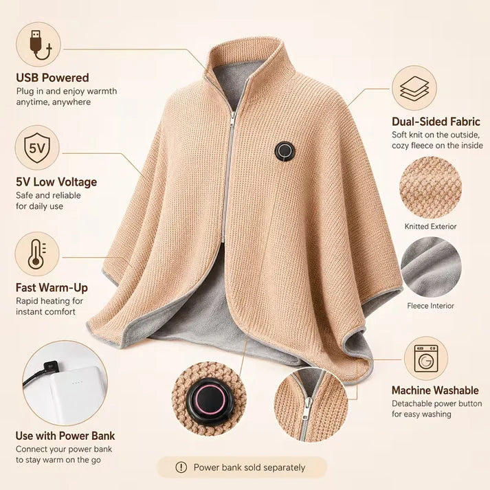 Heated Blanket Shawl USB-Powered Back & Shoulder Warmth