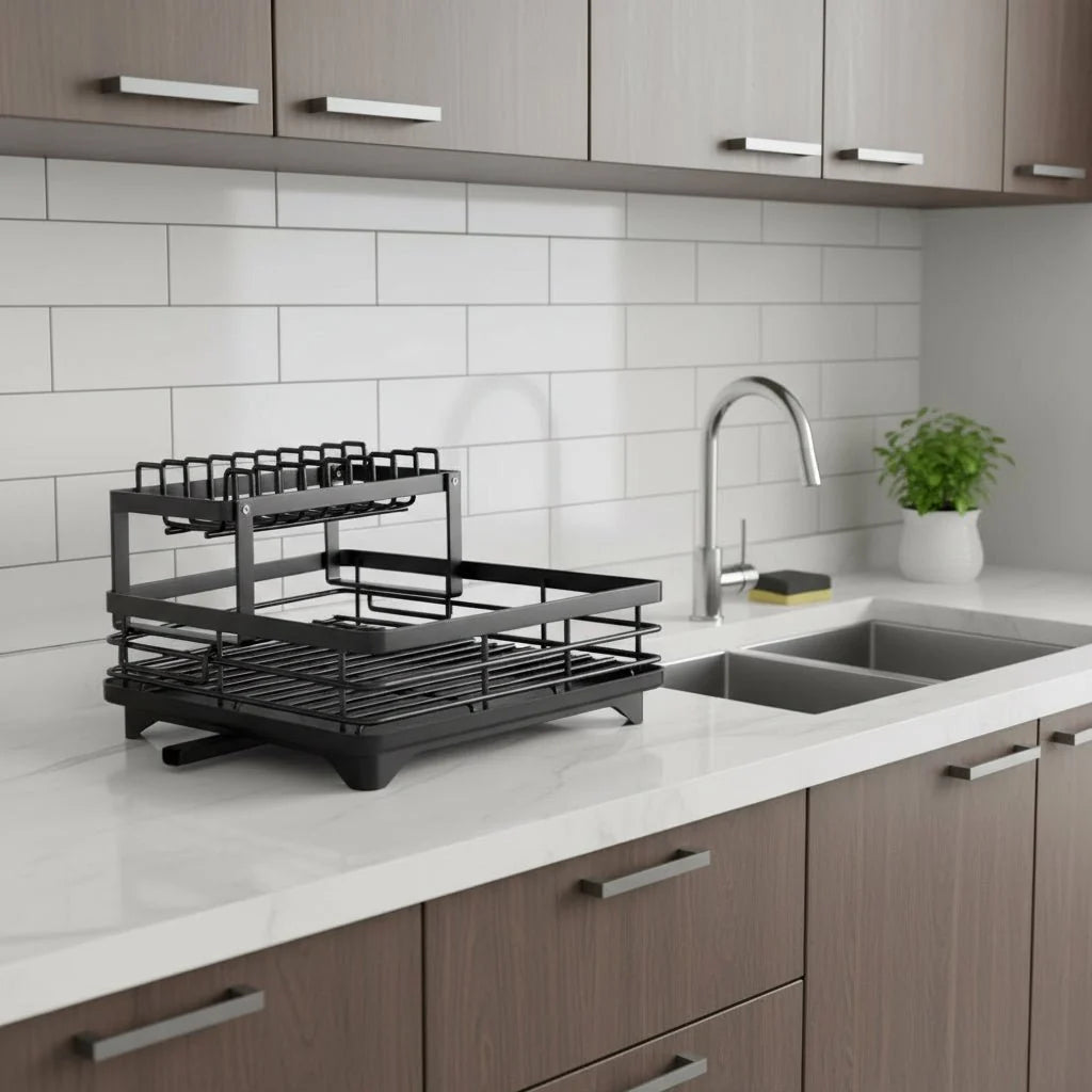 Dish Drying Rack Foldable Stainless Steel With Utensil Holder