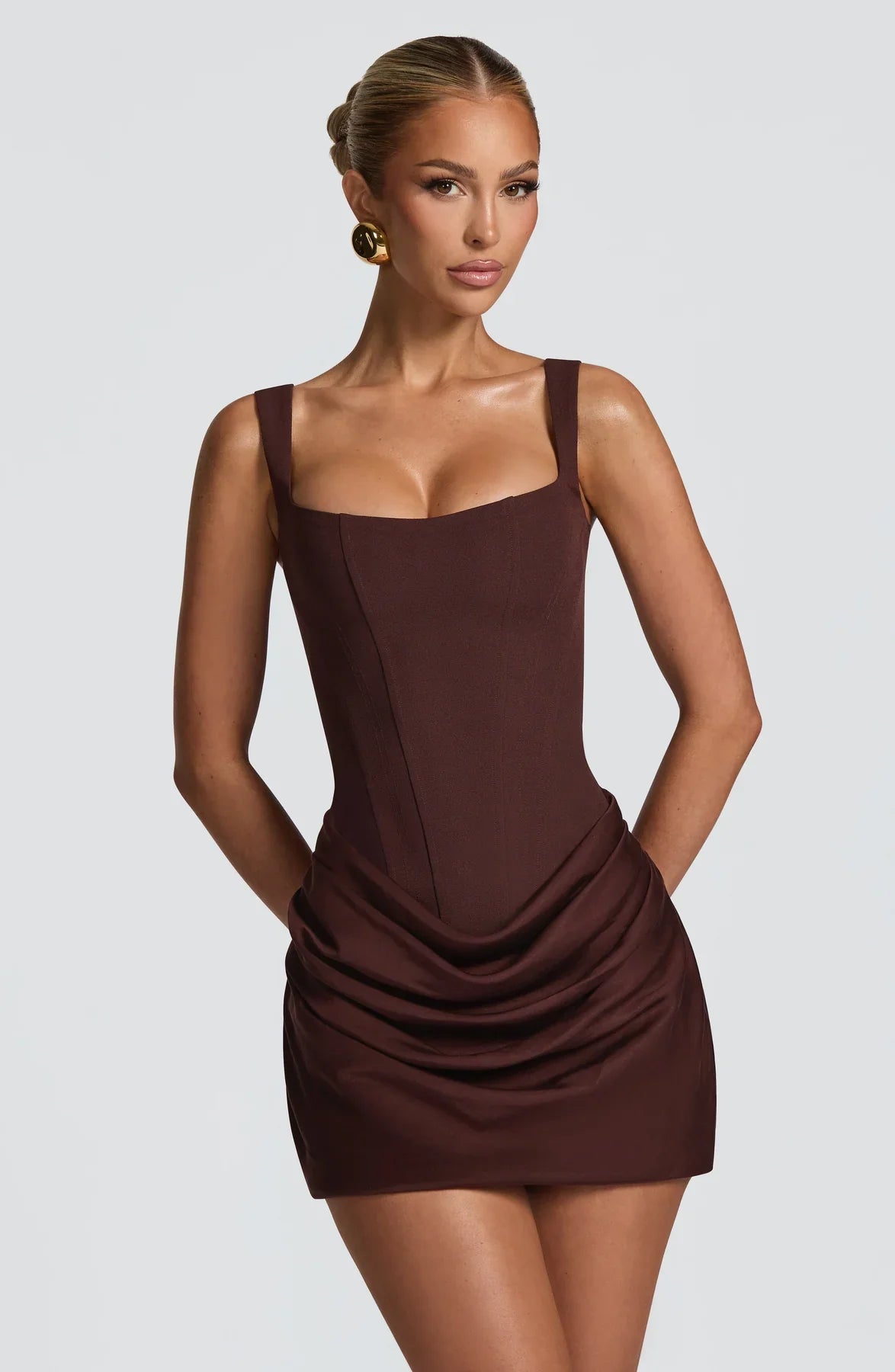 Mini Dress Ruched Bodice Square Neck Lace-Up Back
