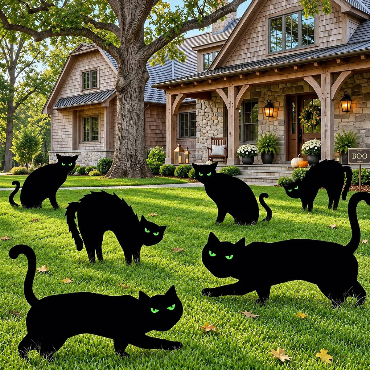 Black Cat Yard Signs Glow-in-the-Dark Eyes Weather-Resistant Set of 6