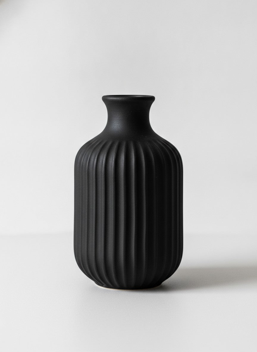 Black Fluted Stoneware Flower Vase