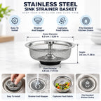 Kitchen Sink Strainer Stainless Steel Basket & Stopper