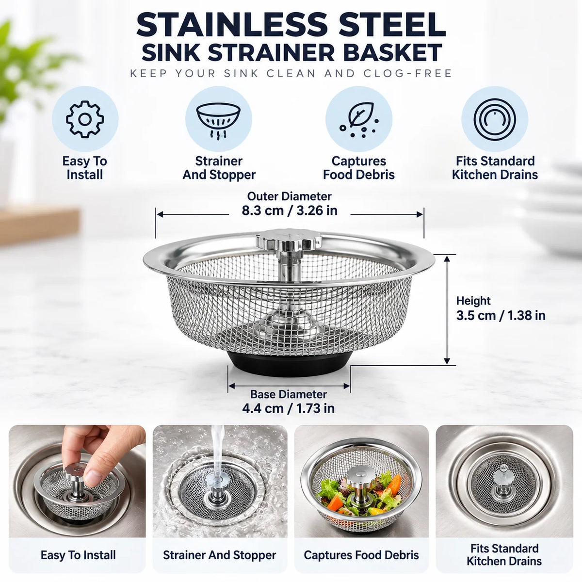 Kitchen Sink Strainer Stainless Steel Basket & Stopper