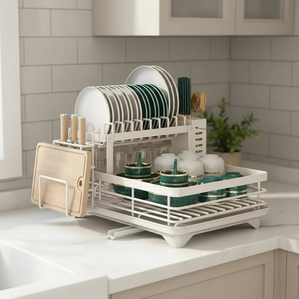 Dish Drying Rack Foldable Stainless Steel With Utensil Holder