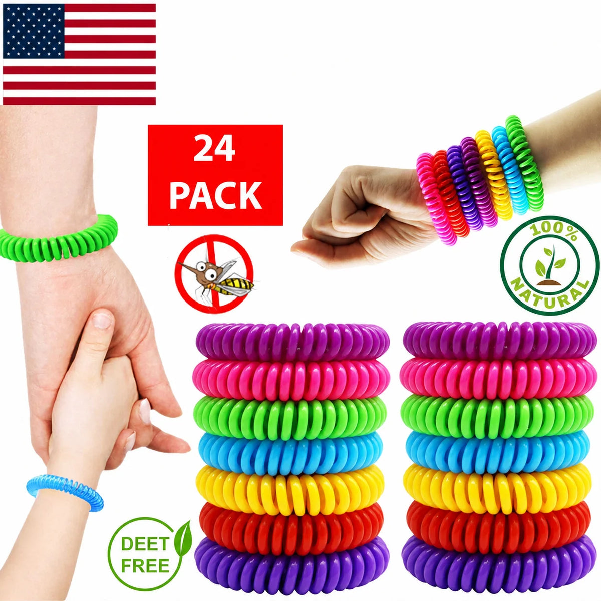 Mosquito Repellent Wristbands DEET-Free Waterproof 24-Pack