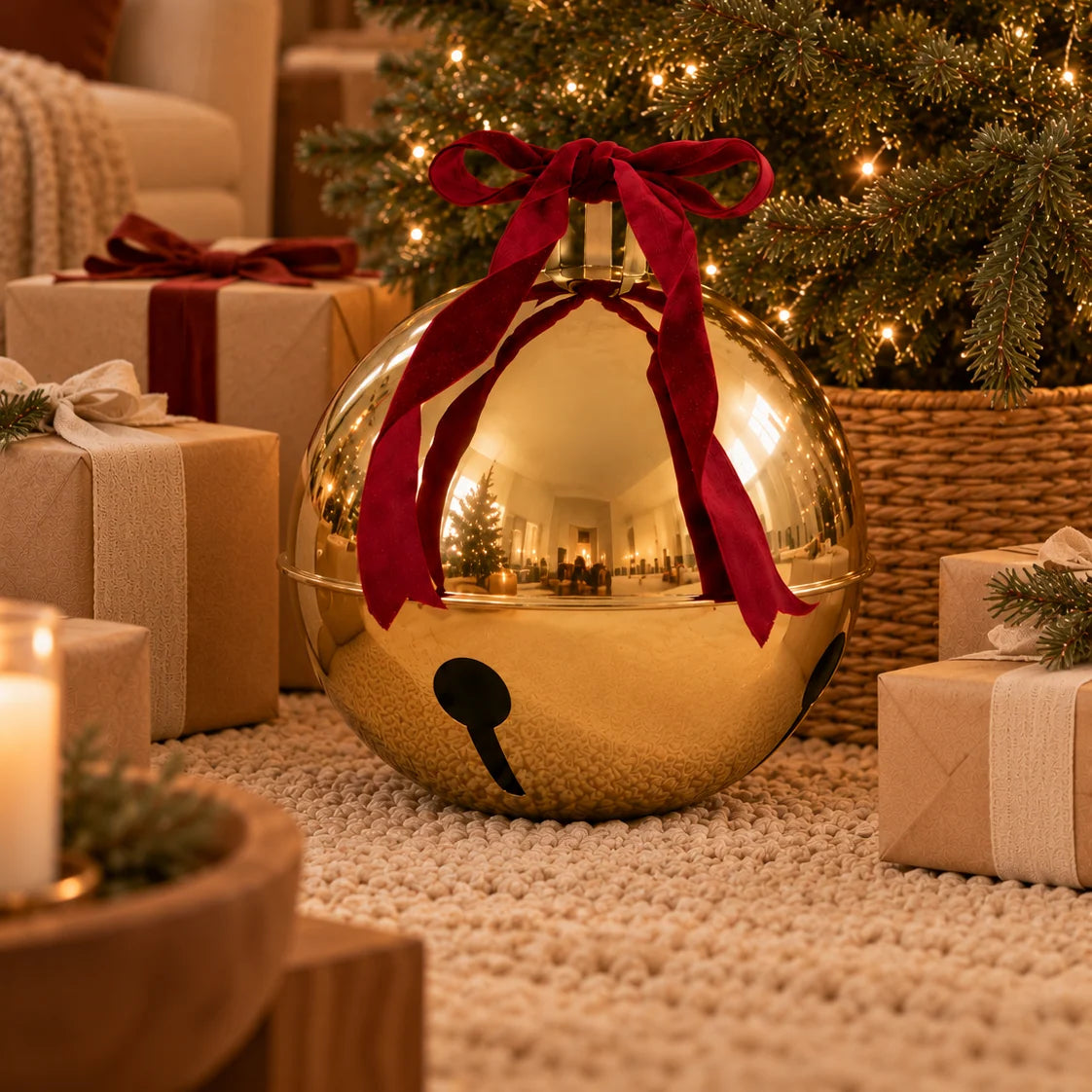 Christmas Bells Polished Gold Metal Red Velvet Bow