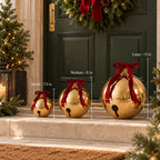 Christmas Bells Polished Gold Metal Red Velvet Bow