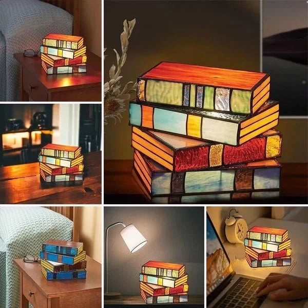 Table Lamp Stained Glass Stacked Books Design Lightweight
