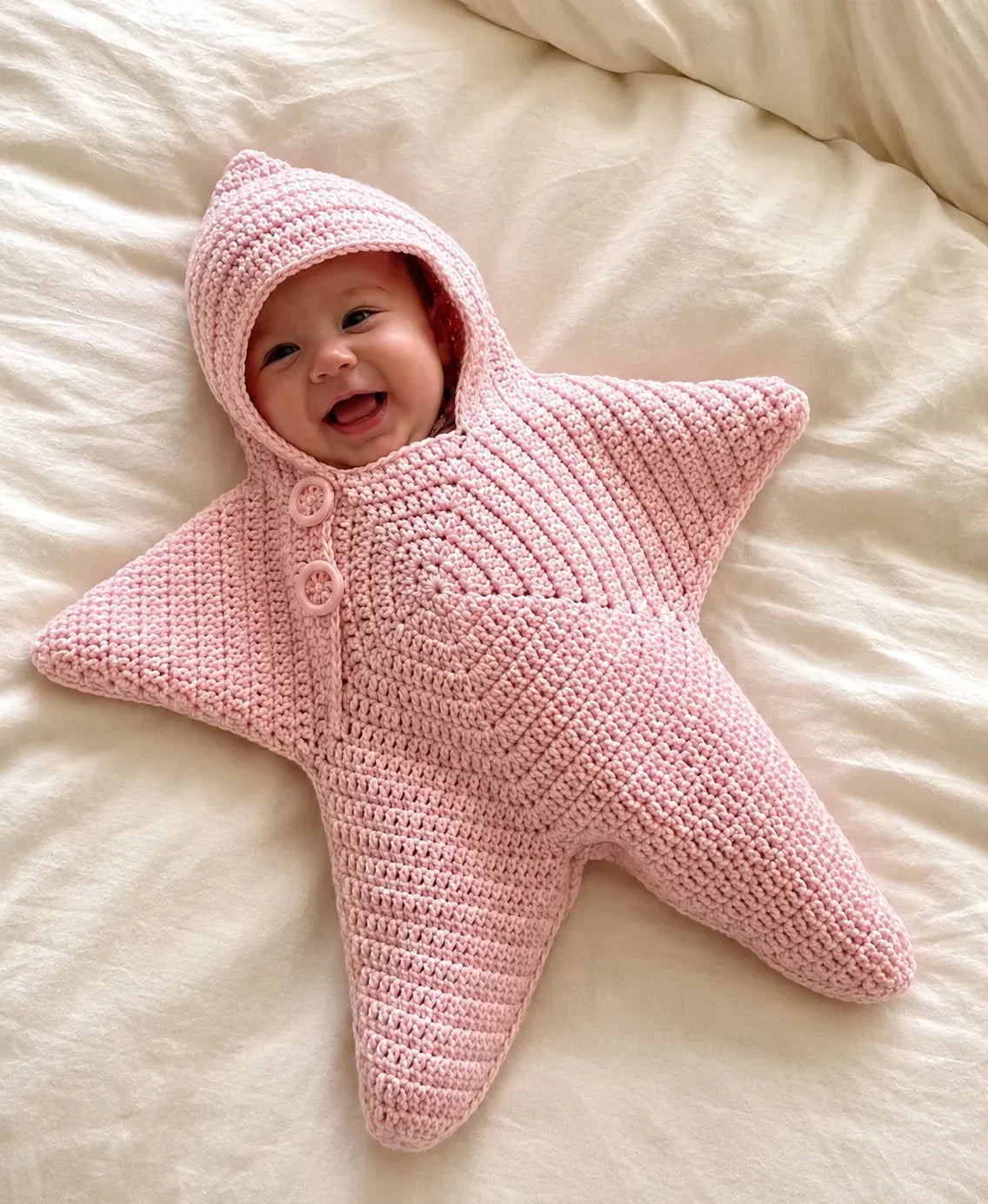 Baby Blanket Hooded Star Shape Crocheted Cotton With Button Closure
