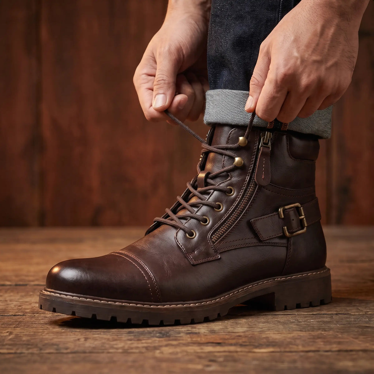 Biker Boots Side Zip Lace-Up Deep Tread Sole