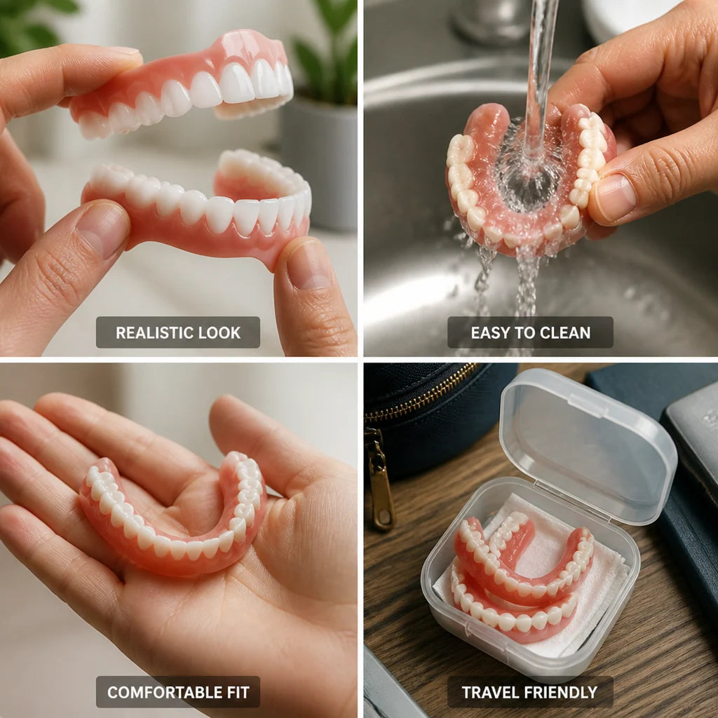 Denture Set Natural-Looking Upper & Lower Teeth 3-Piece