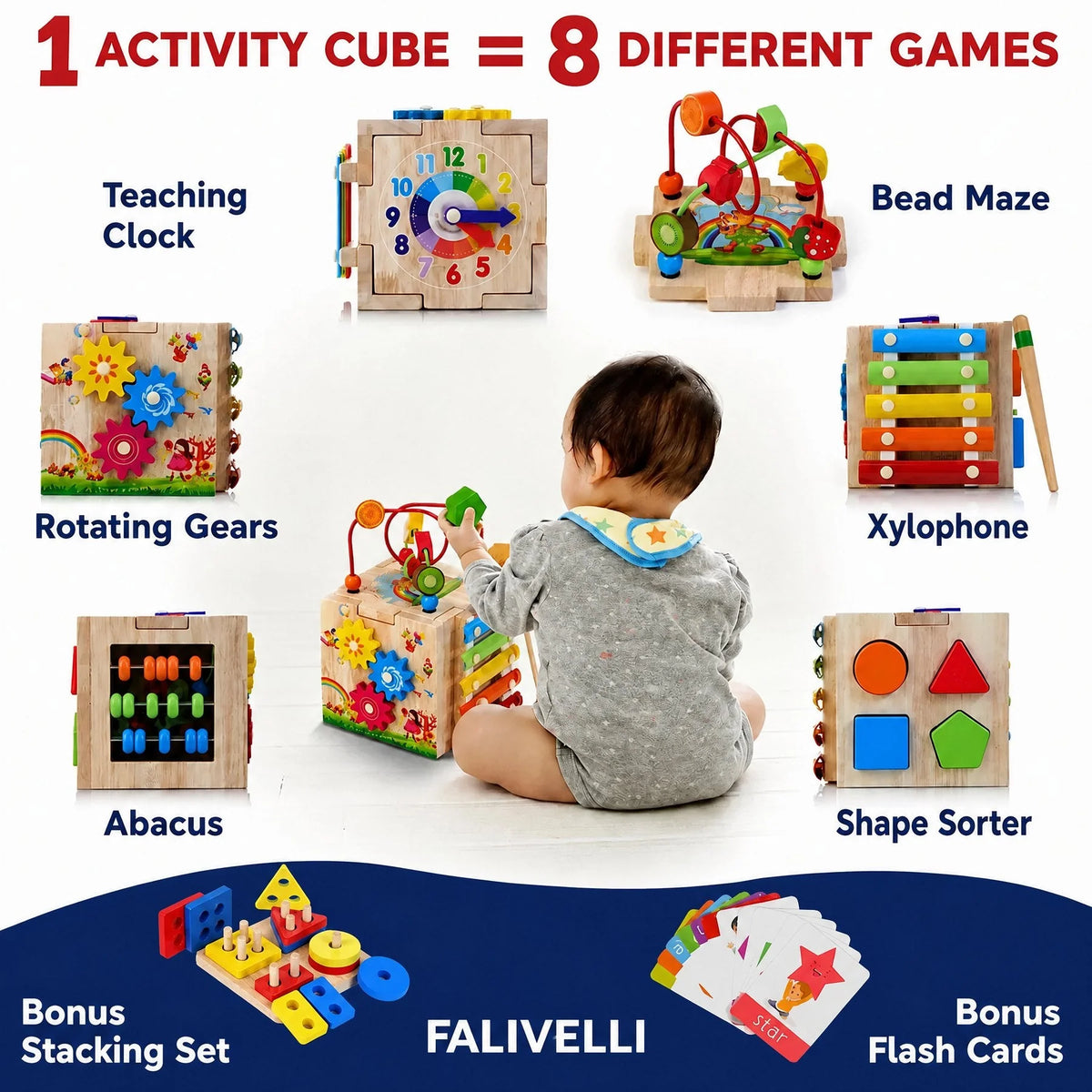 Activity Cube Rubberwood 8-in-1 Educational Toy