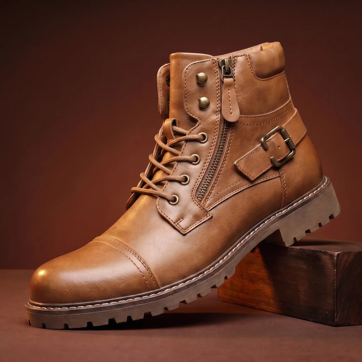 Biker Boots Side Zip Lace-Up Deep Tread Sole