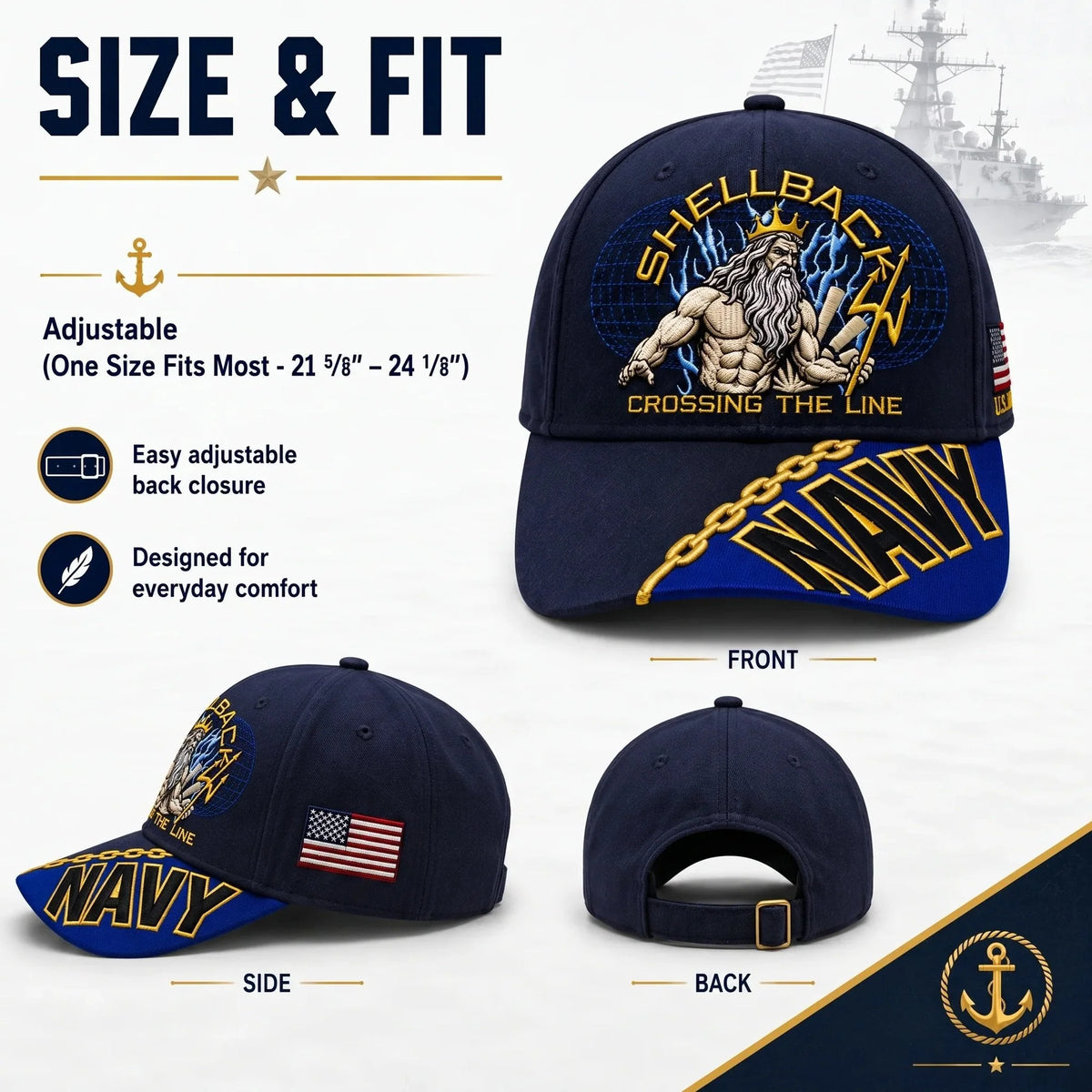 Baseball Cap Navy Adjustable Gold Chain Brim