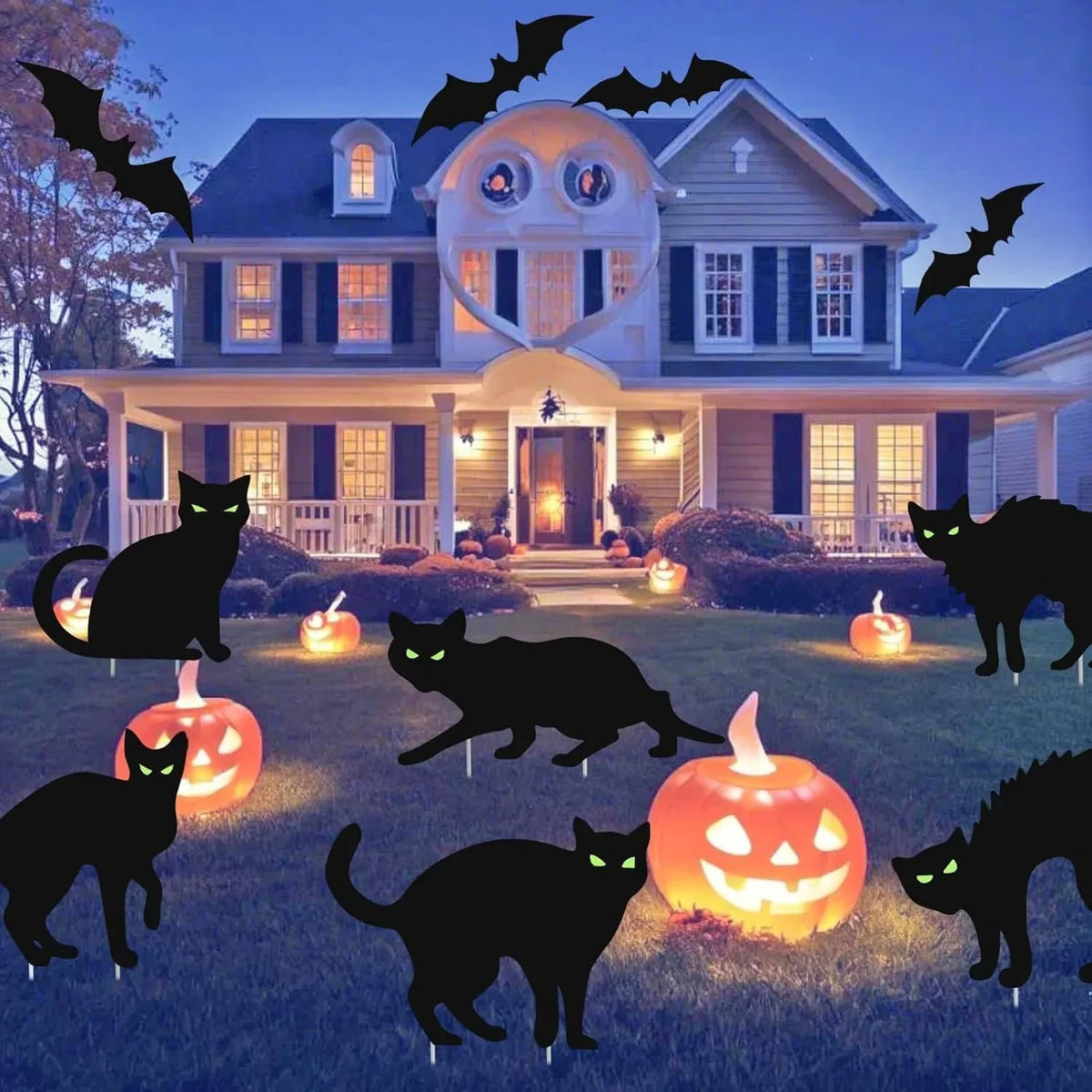 Black Cat Yard Signs Glow-in-the-Dark Eyes Weather-Resistant Set of 6