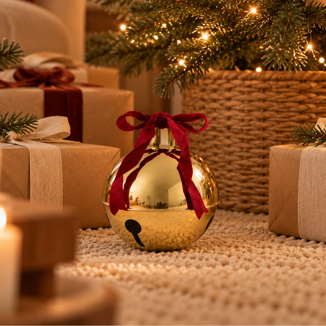 Christmas Bells Polished Gold Metal Red Velvet Bow