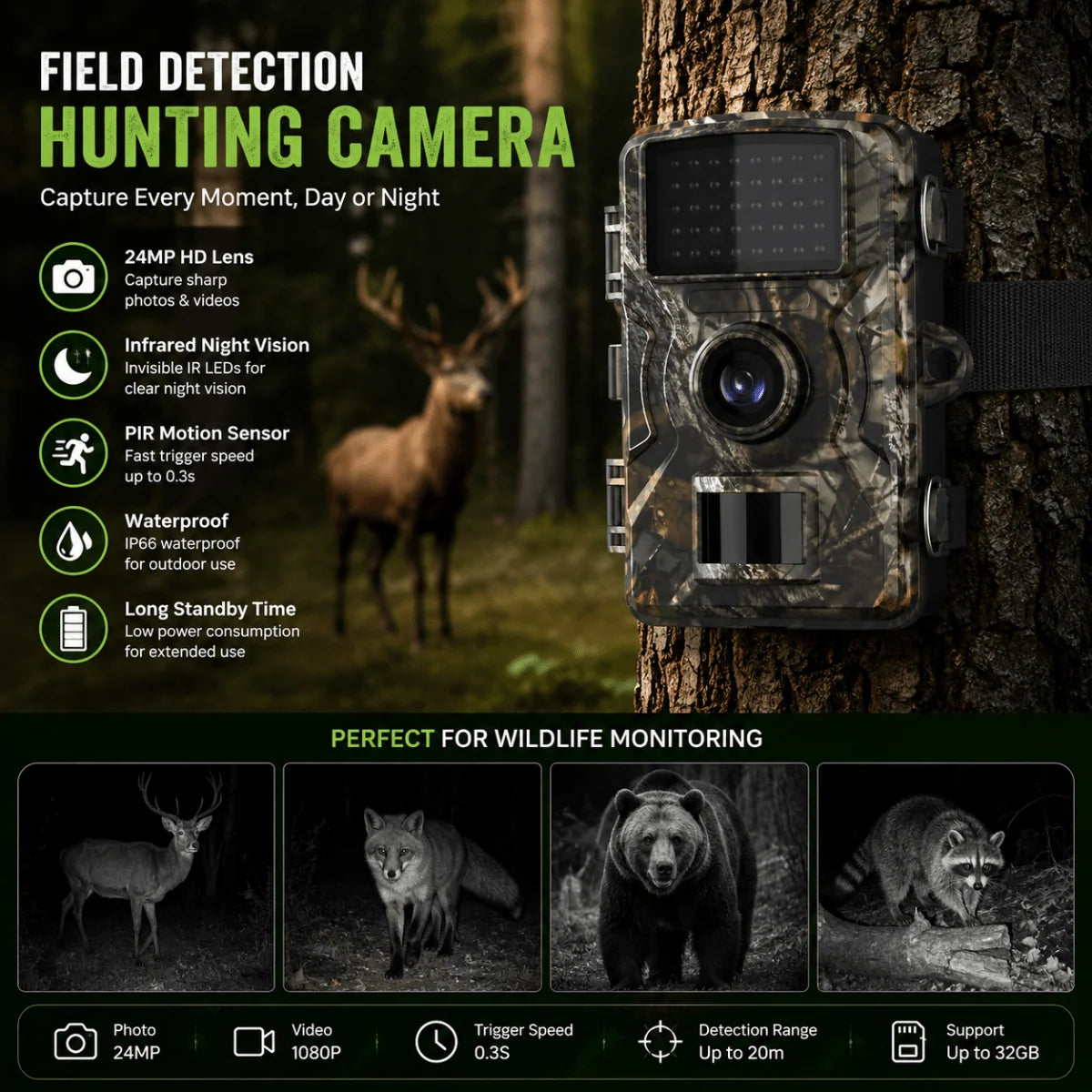 Wildlife Camera Motion-Activated Day & Night Weather-Resistant