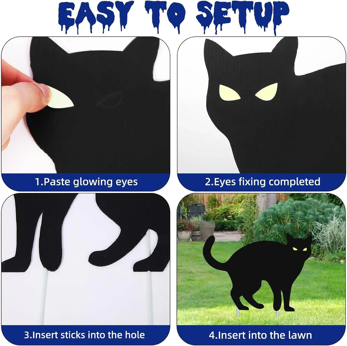 Black Cat Yard Signs Glow-in-the-Dark Eyes Weather-Resistant Set of 6