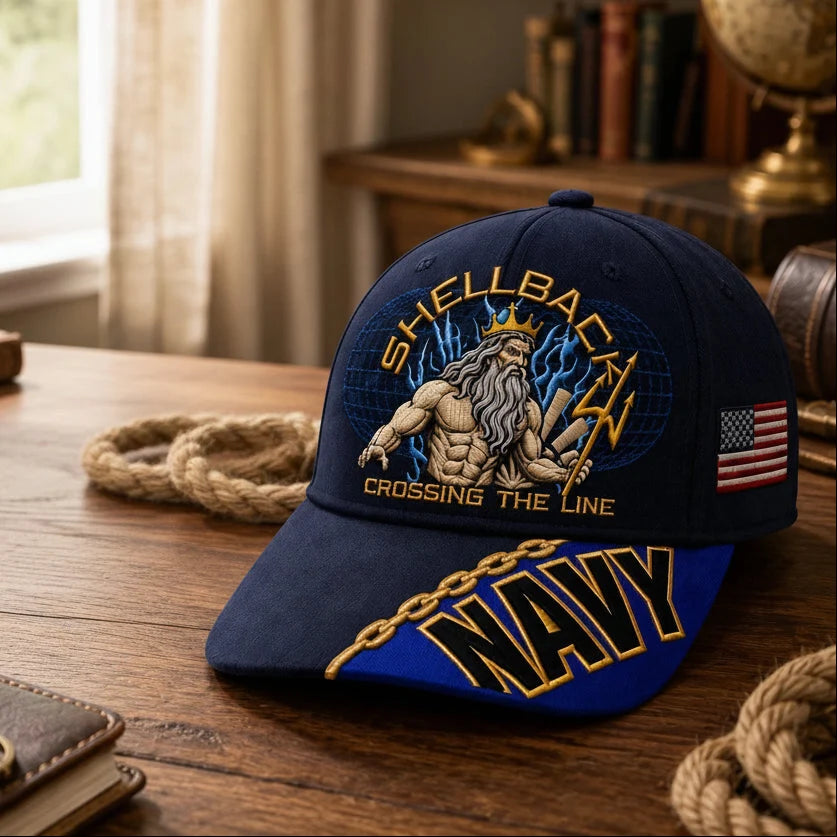 Baseball Cap Navy Adjustable Gold Chain Brim