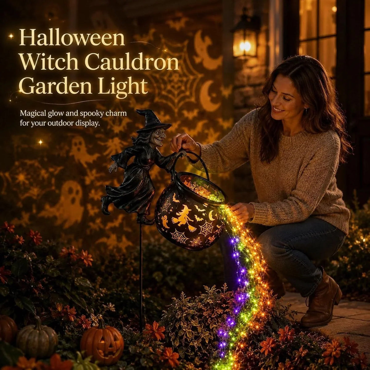 Garden Witch Figure LED-Lit Cauldron Weather-Resistant Freestanding Decor