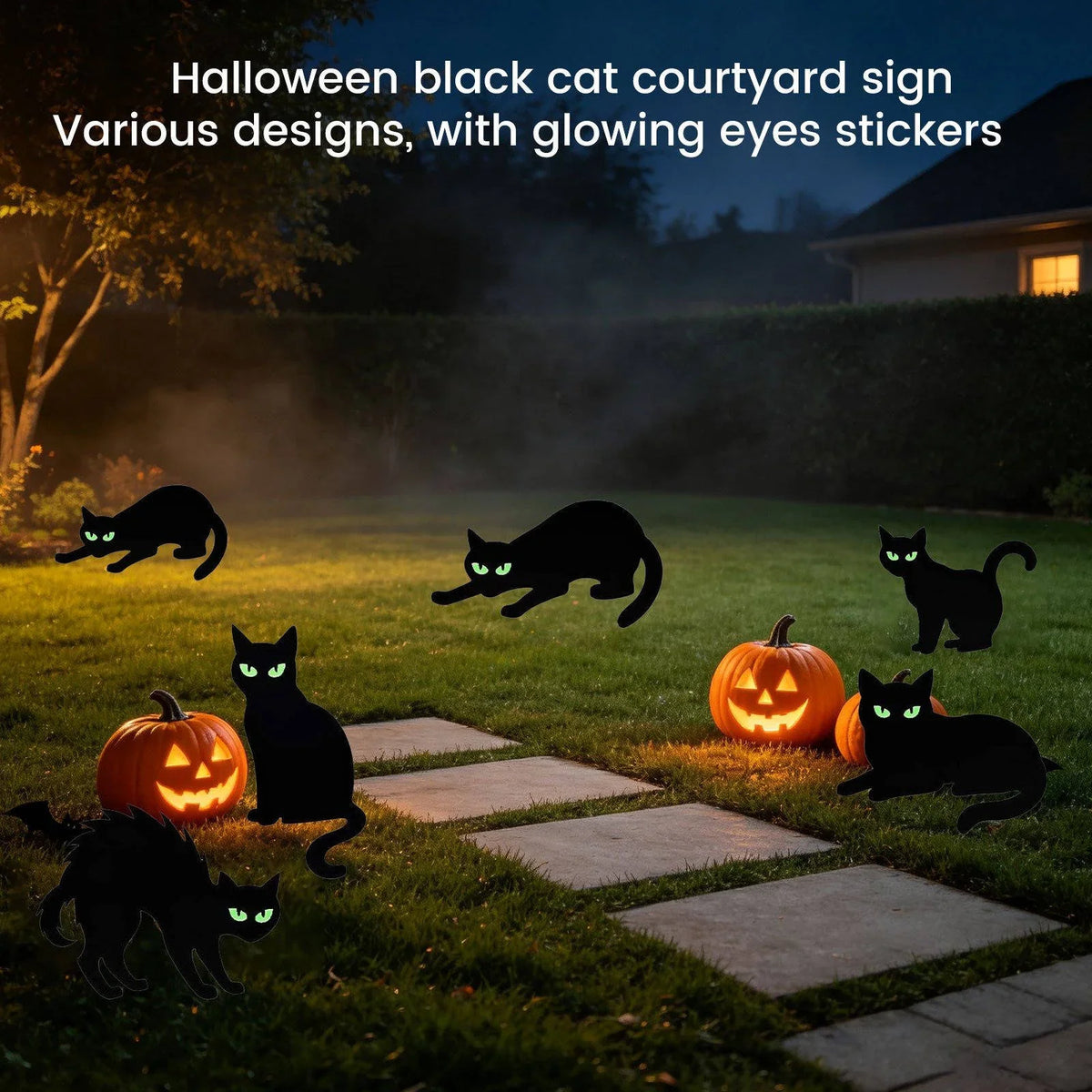 Black Cat Yard Signs Glow-in-the-Dark Eyes Weather-Resistant Set of 6