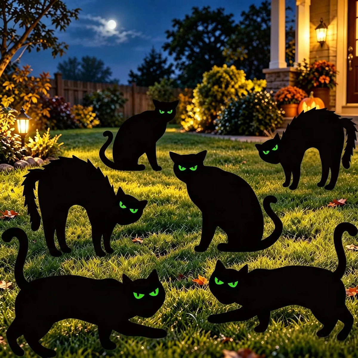 Black Cat Yard Signs Glow-in-the-Dark Eyes Weather-Resistant Set of 6