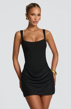 Mini Dress Ruched Bodice Square Neck Lace-Up Back