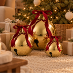 Christmas Bells Polished Gold Metal Red Velvet Bow