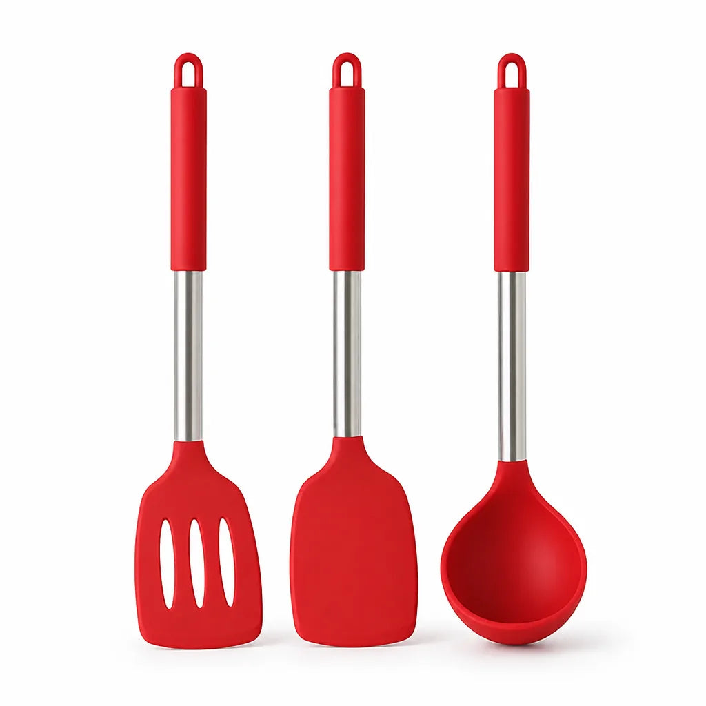 3-Piece Utensil Set Heat-Resistant Silicone & Stainless Steel