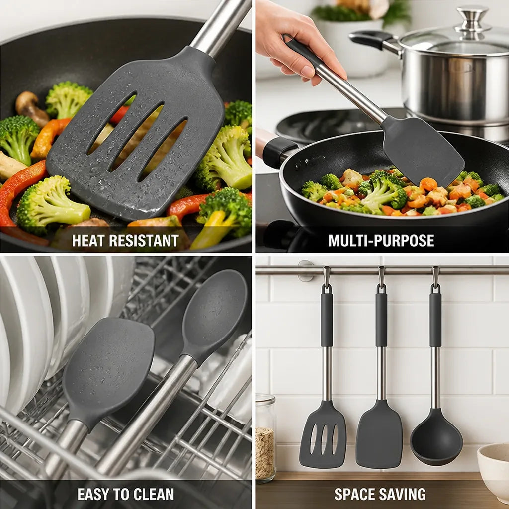 3-Piece Utensil Set Heat-Resistant Silicone & Stainless Steel