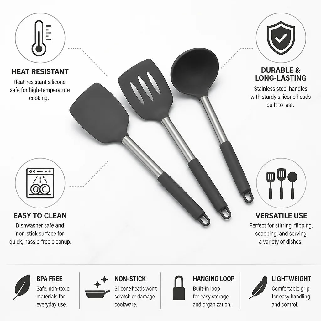 3-Piece Utensil Set Heat-Resistant Silicone & Stainless Steel