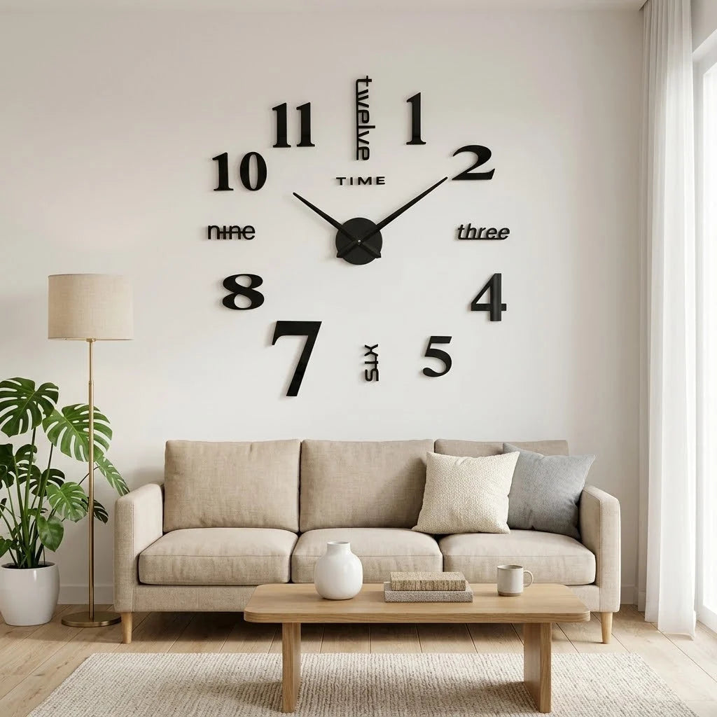 3D Wall Clock Frameless Acrylic Self-Adhesive Custom Size