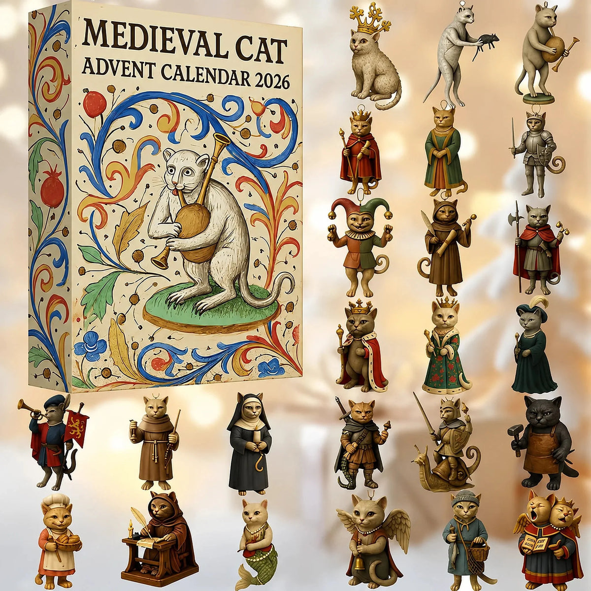 Advent Calendar 24 Medieval Cat Figurines Acrylic Ornaments