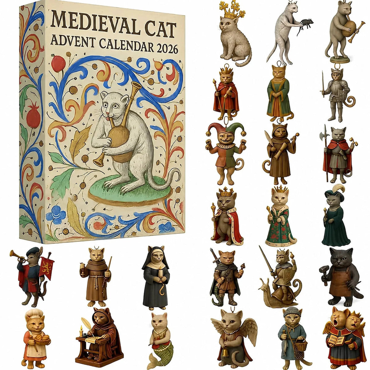 Advent Calendar 24 Medieval Cat Figurines Acrylic Ornaments
