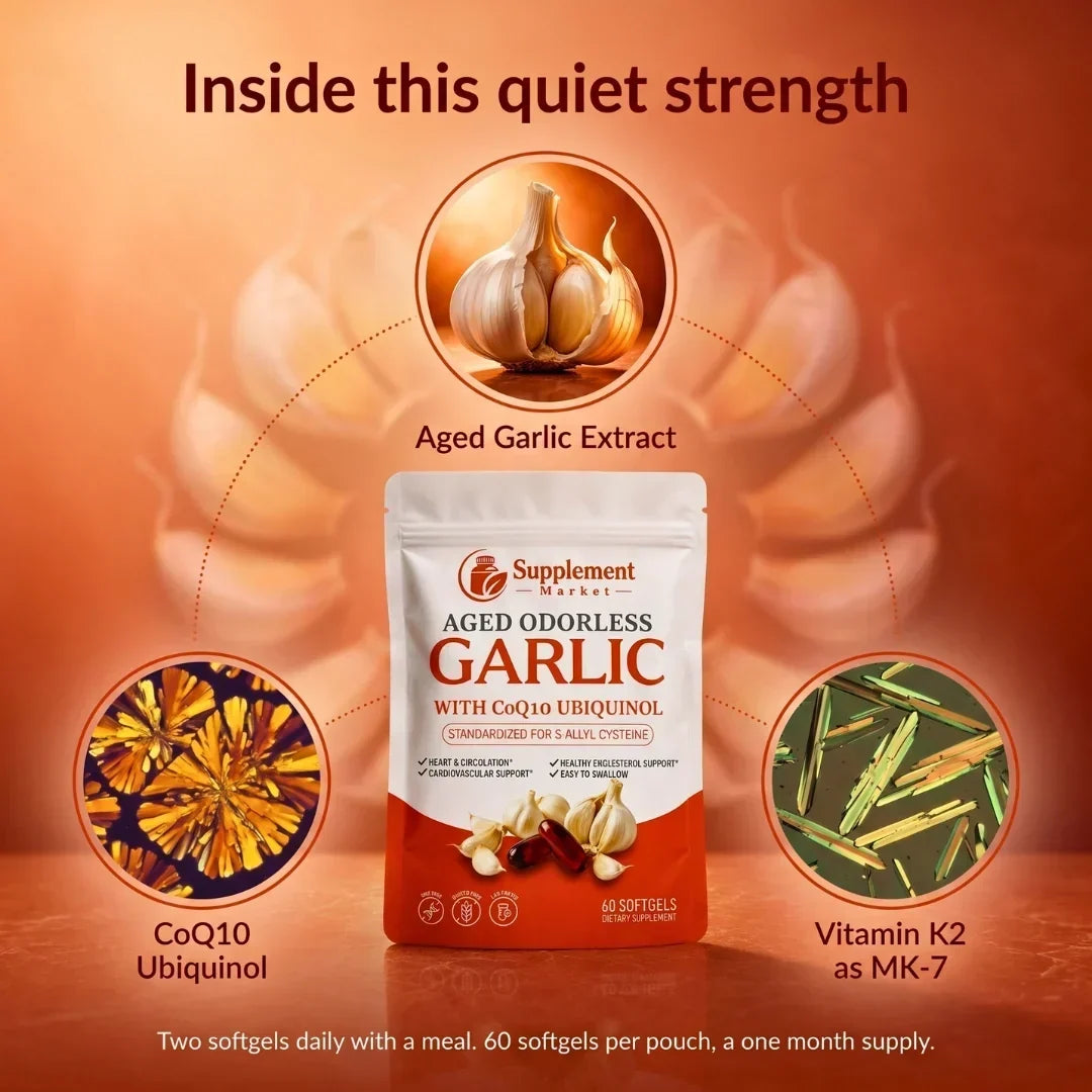 Aged Garlic Supplement Ubiquinol CoQ10 Vitamin K2 Odorless Softgels