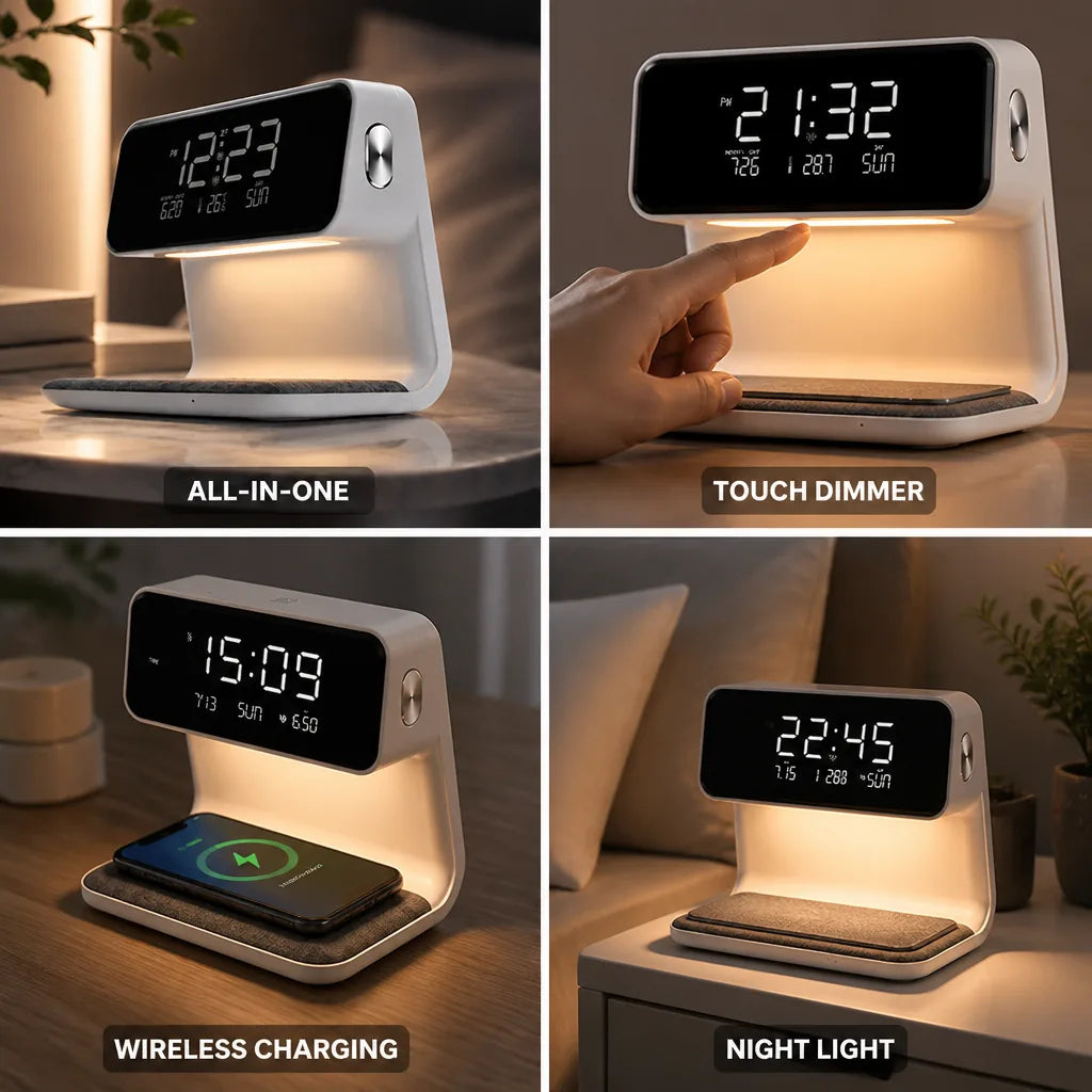 Alarm Clock 3-in-1 Wireless Charging & Touch Dimmable Lamp