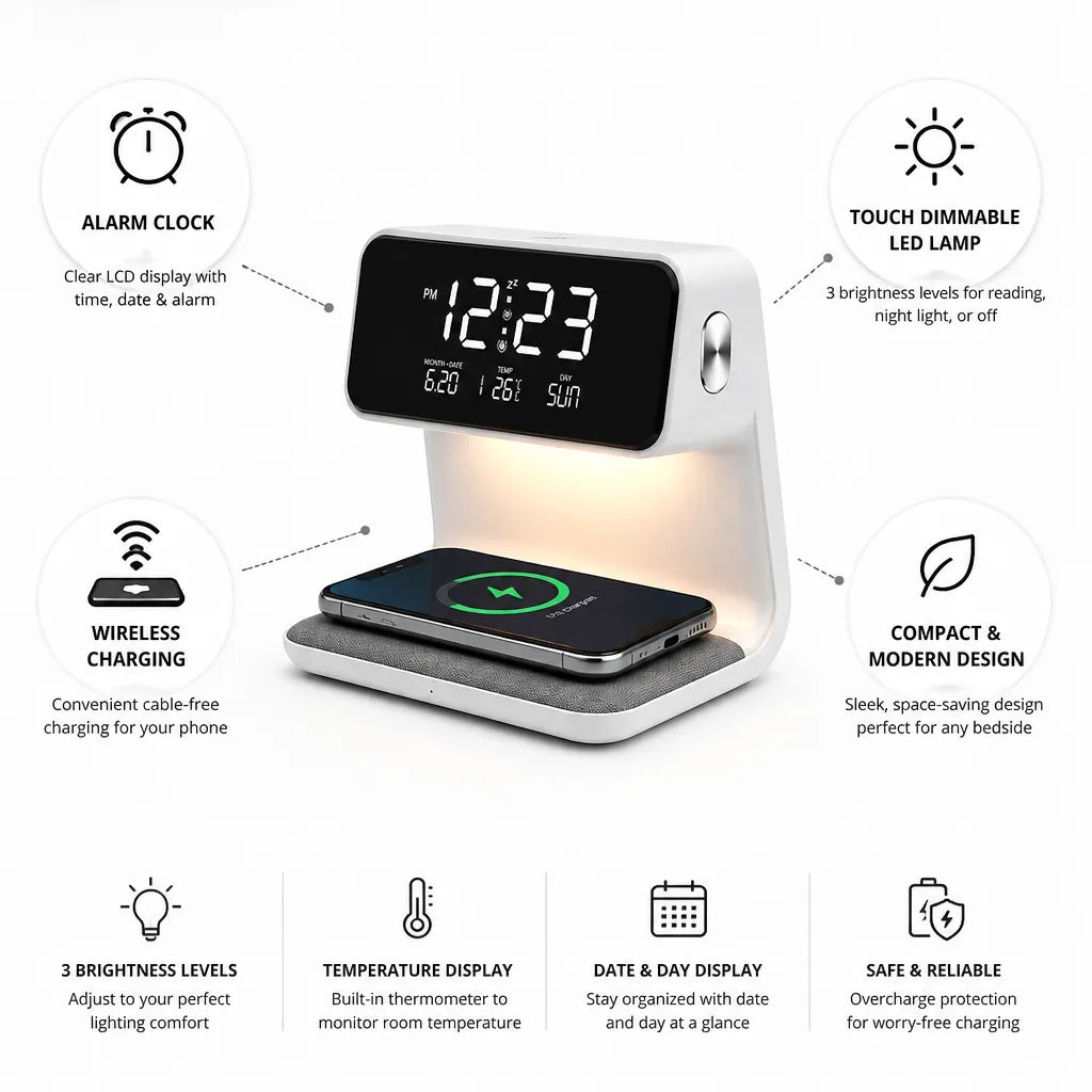 Alarm Clock 3-in-1 Wireless Charging & Touch Dimmable Lamp
