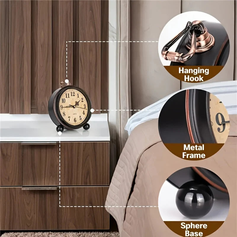Alarm Clock Silent Quartz Metal Case Copper Accents