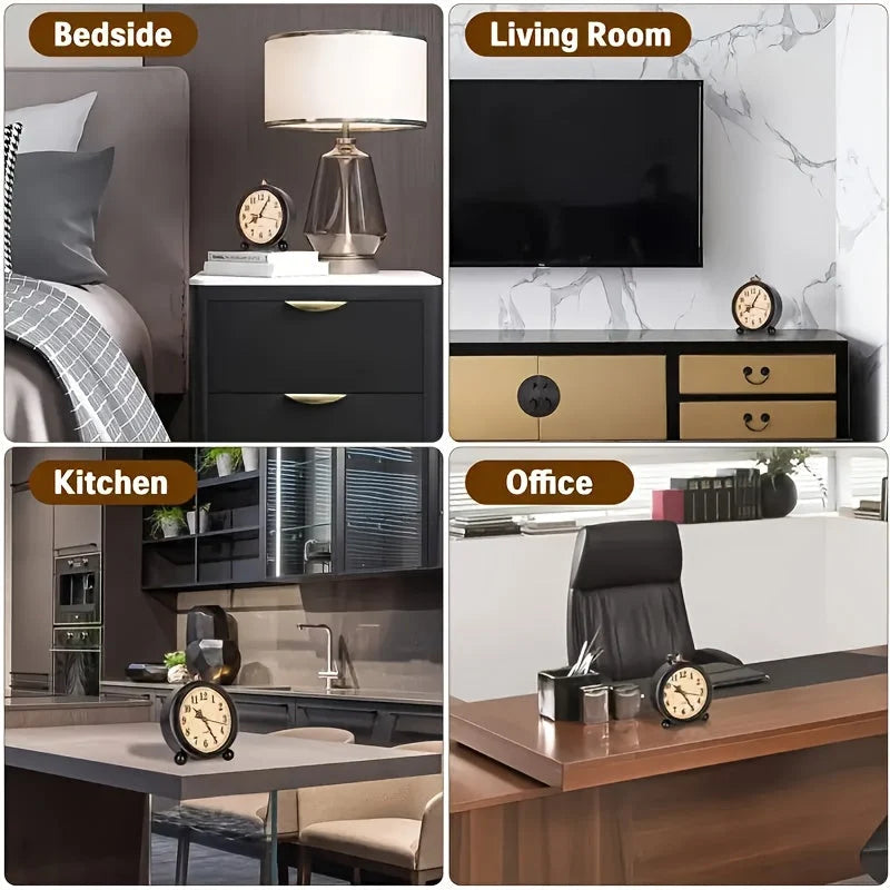 Alarm Clock Silent Quartz Metal Case Copper Accents
