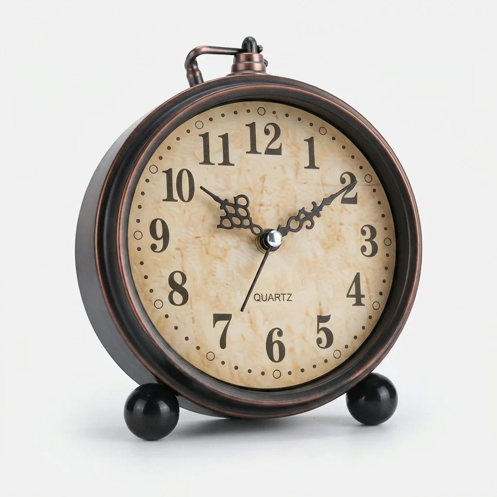 Alarm Clock Silent Quartz Metal Case Copper Accents