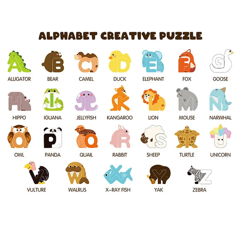 Alphabet Puzzle Wooden Animal-Shaped 26-Piece Set