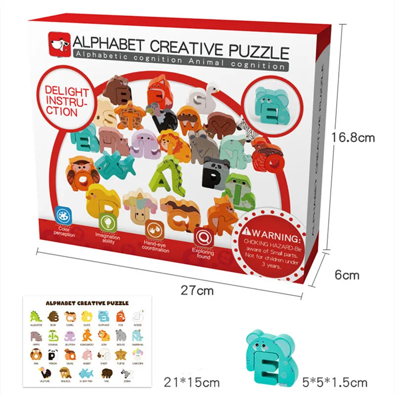 Alphabet Puzzle Wooden Animal-Shaped 26-Piece Set