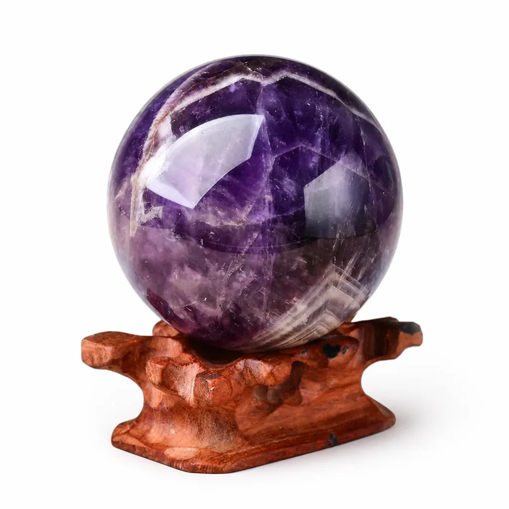 Amethyst Sphere Hand-Polished Wooden Stand Included