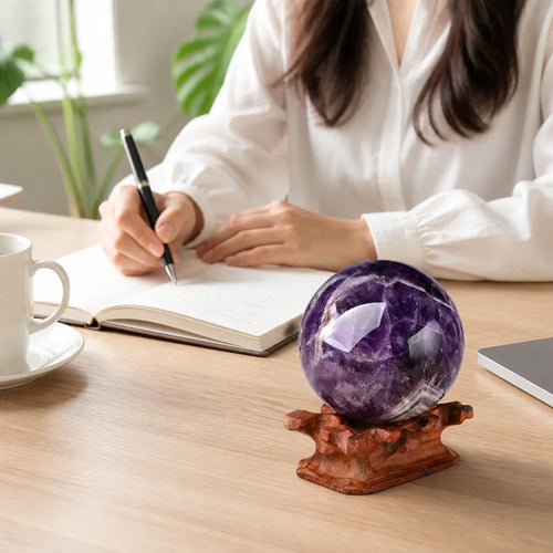 Amethyst Sphere Hand-Polished Wooden Stand Included