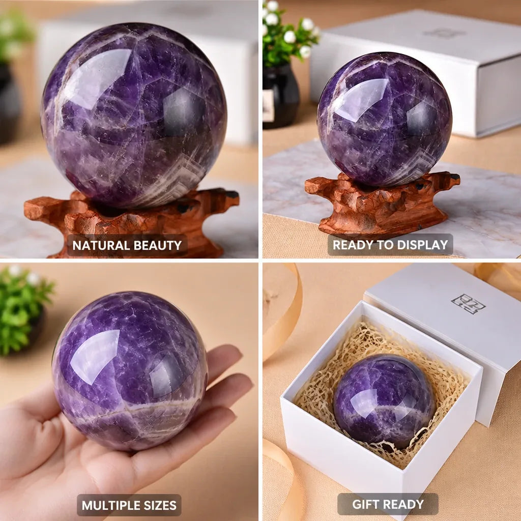 Amethyst Sphere Hand-Polished Wooden Stand Included