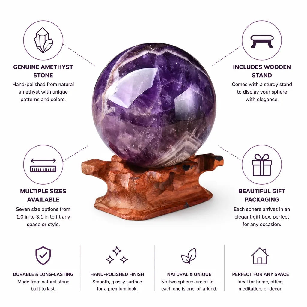 Amethyst Sphere Hand-Polished Wooden Stand Included
