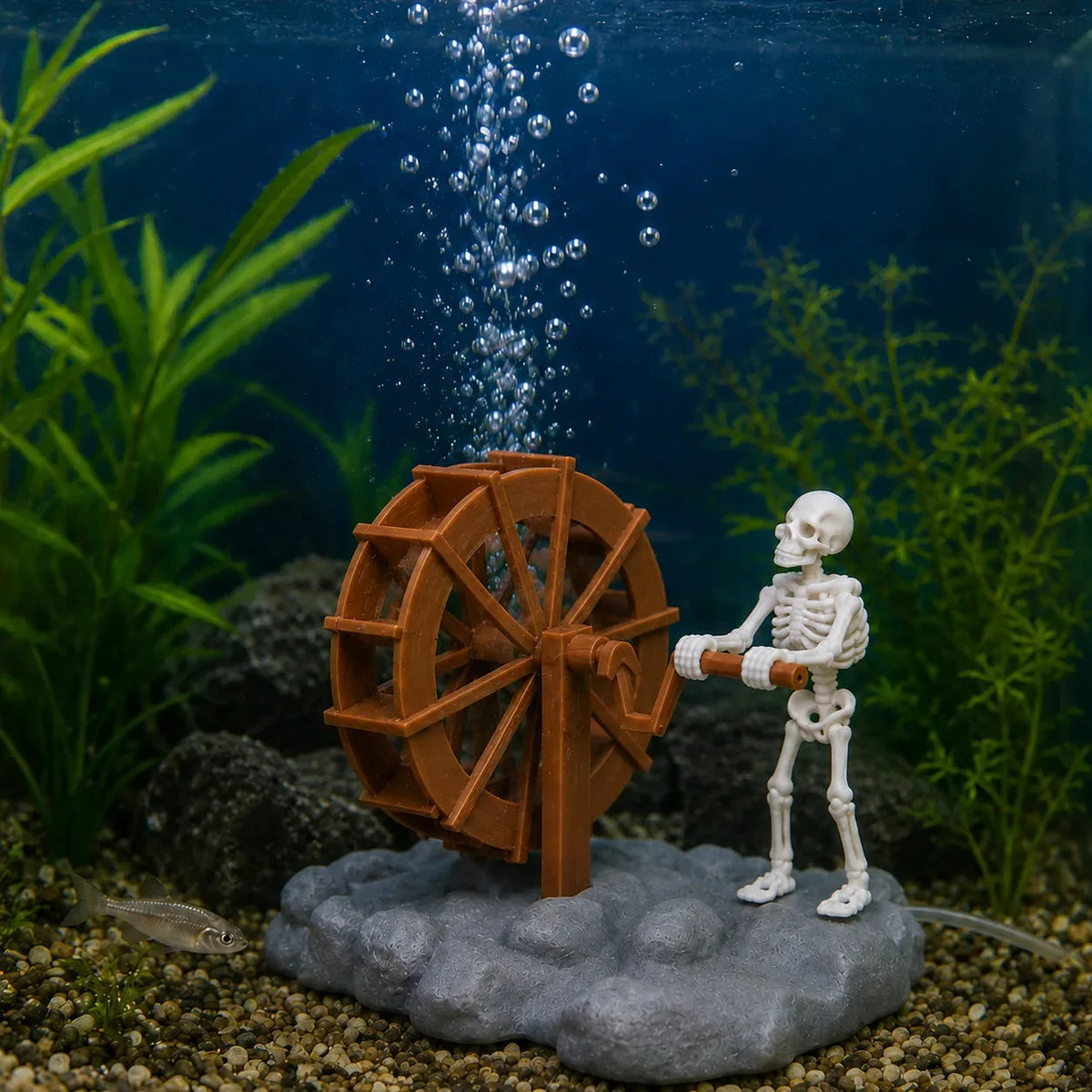 Aquarium Ornament Skeleton Air-Driven Spinning Wheel