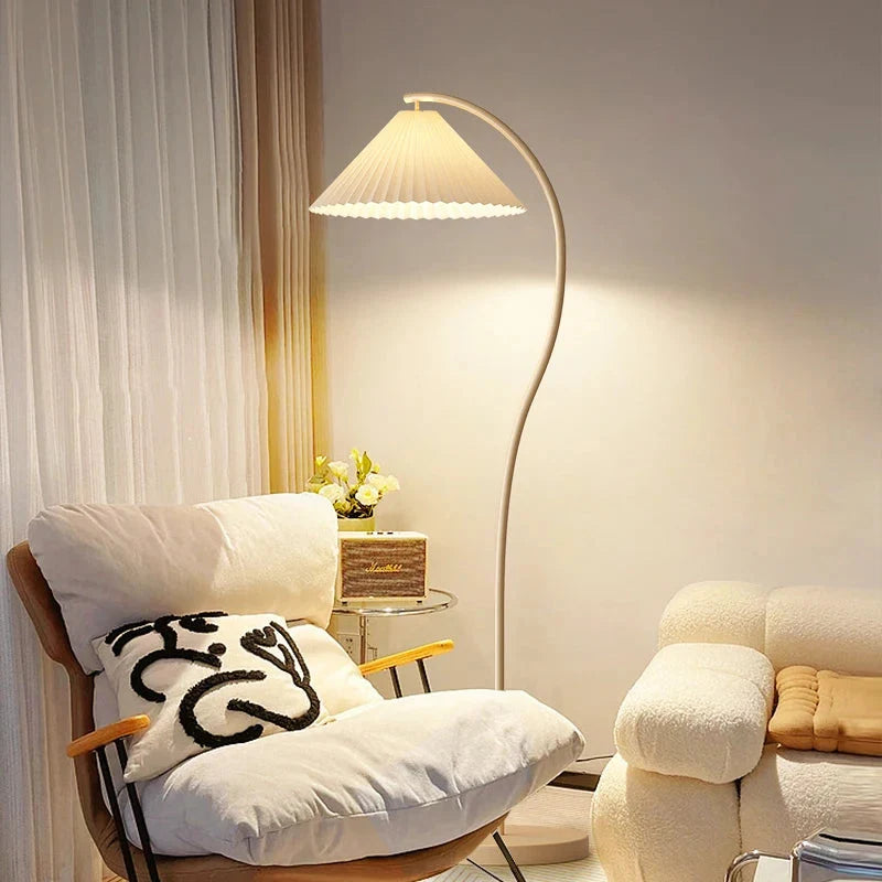 Arc Floor Lamp Pleated Fabric Shade Dimmable LED Bulb