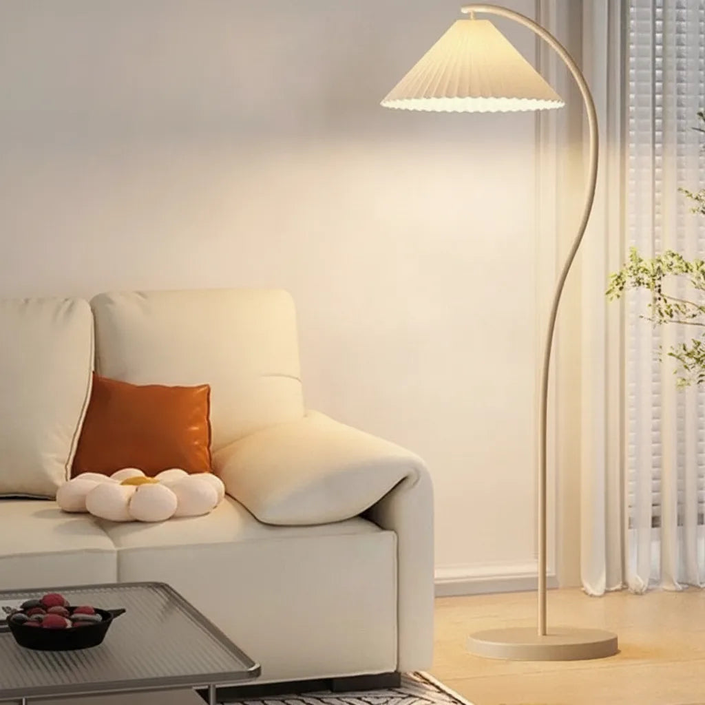 Arc Floor Lamp Pleated Fabric Shade Dimmable LED Bulb