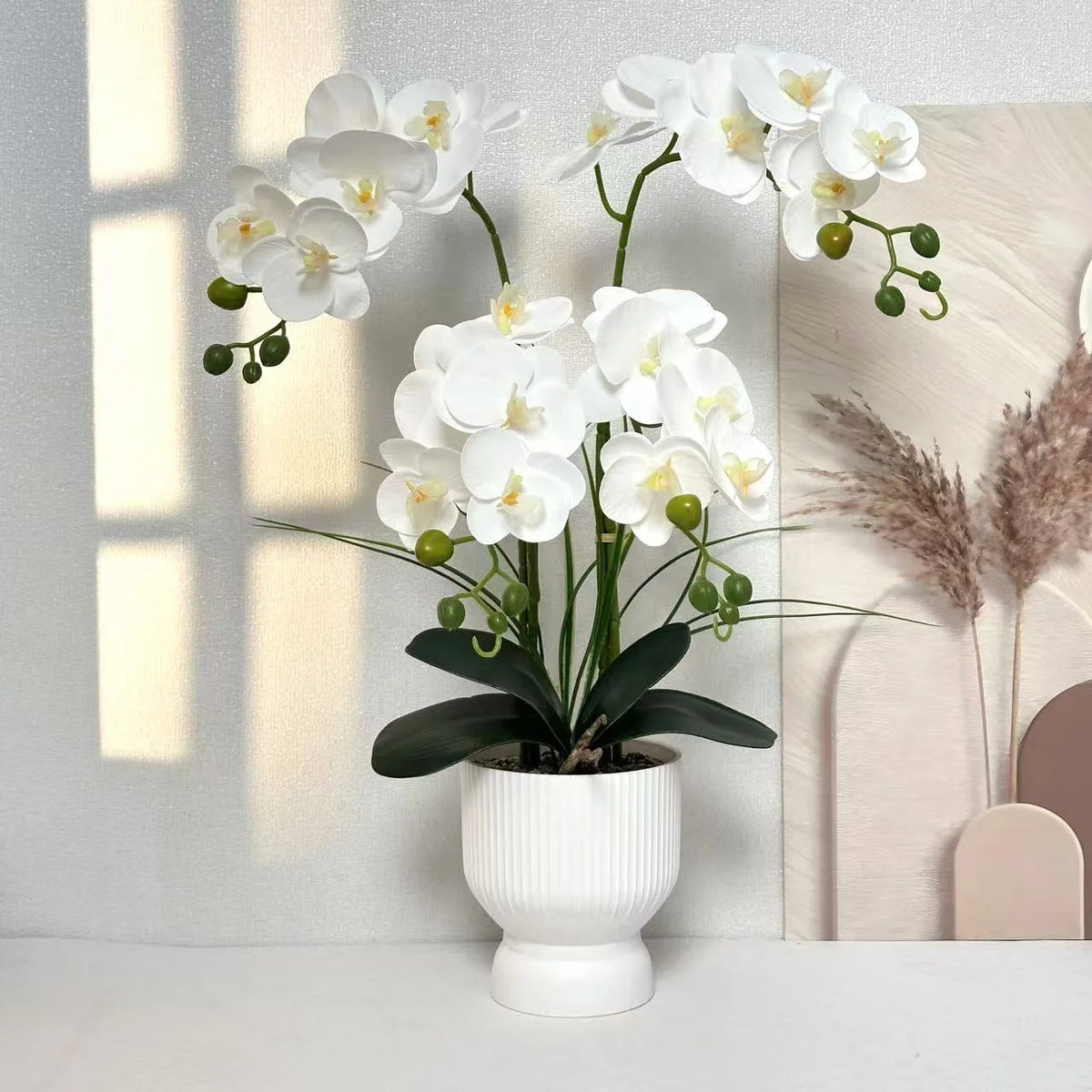 Artificial Orchid Arrangement Realistic Low-Maintenance White Ribbed Pot